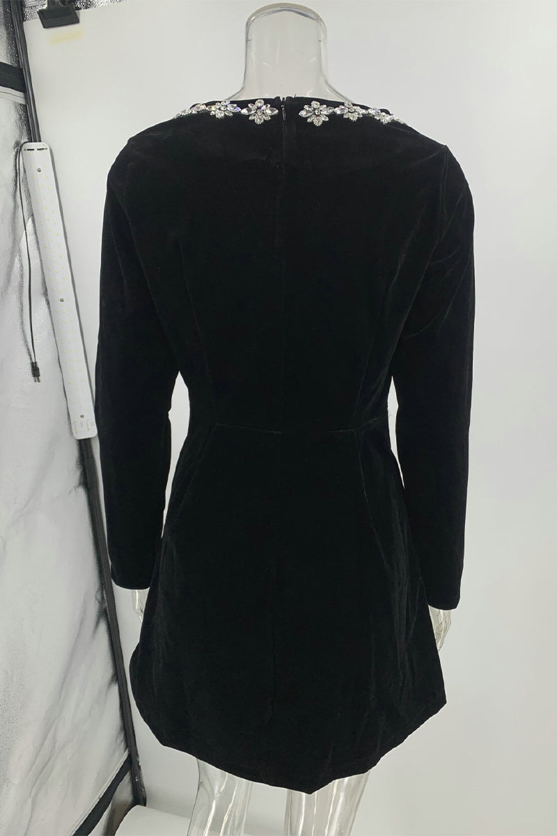 LUCILLA - SOPHISTICATED SQUARE NECK RHINESTONE DRESS