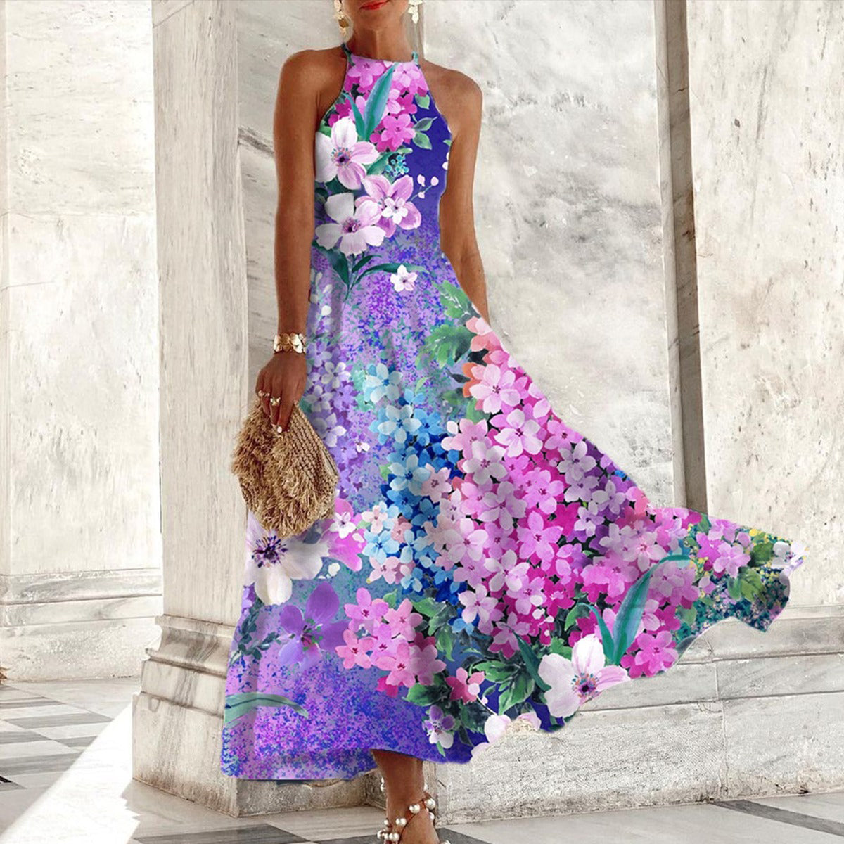 Anne | Purple Floral Print Sleeveless Maxi Dress