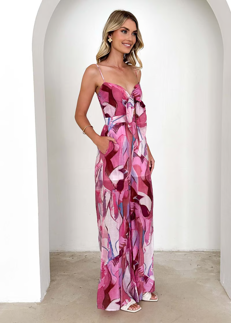 Jamie - Printed tie straps and bowknots jumpsuit