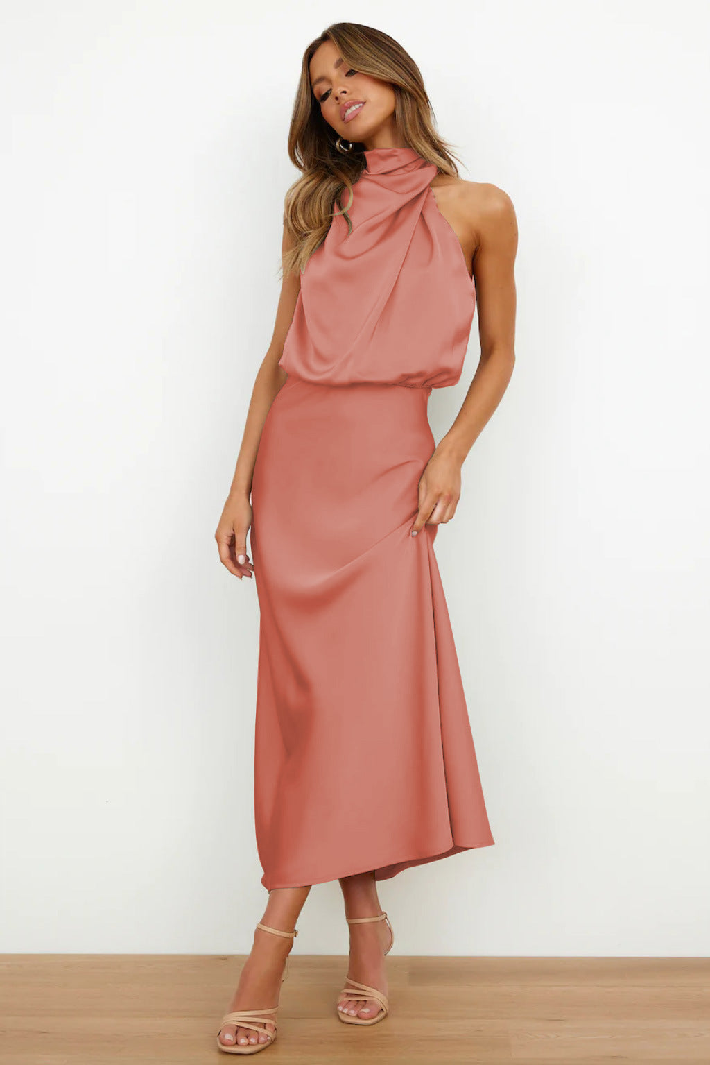VENUS - SATIN HALTER MIDI DRESS