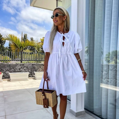 MISAKI - CHIC PUFF SLEEVE BOW TIE DRESS