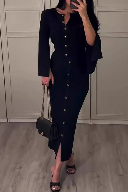 MICH - CHIC BUCKLE O-NECK LONG SLEEVE DRESS