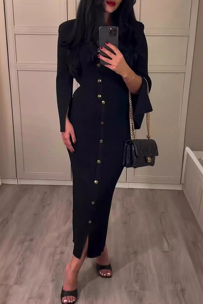 MICH - CHIC BUCKLE O-NECK LONG SLEEVE DRESS