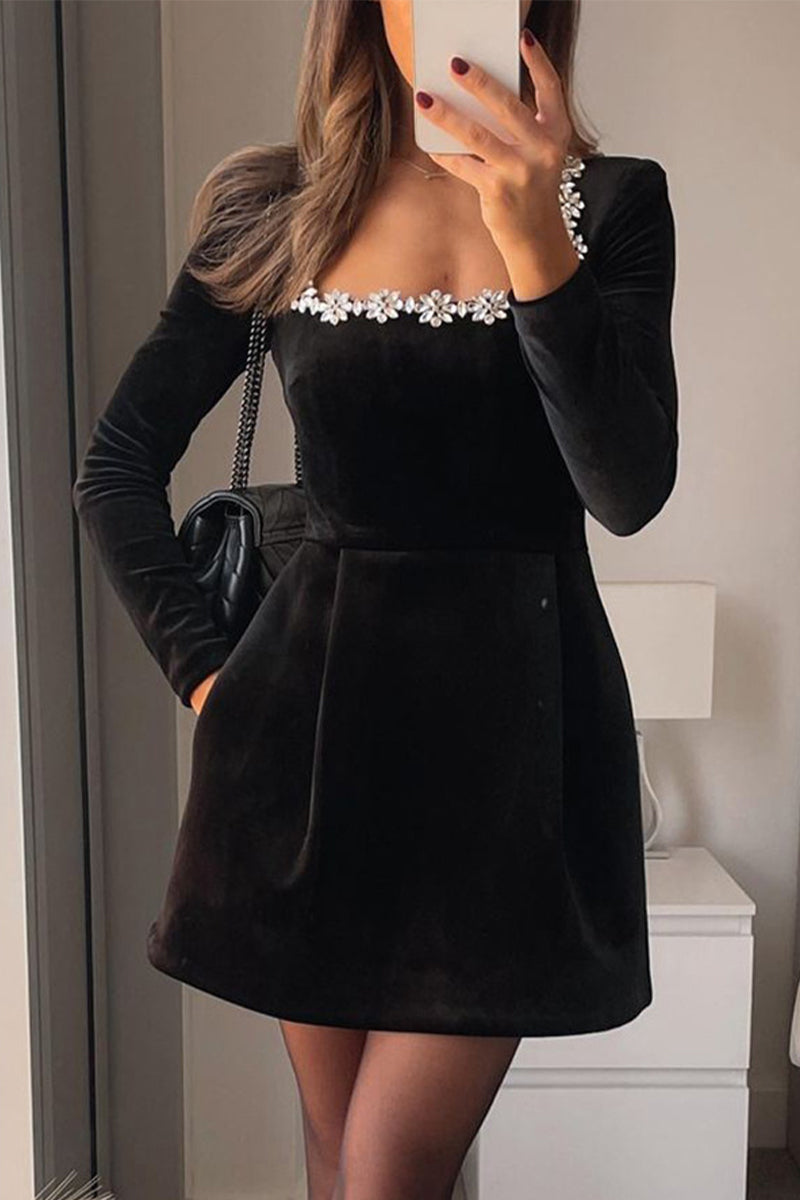 LUCILLA - SOPHISTICATED SQUARE NECK RHINESTONE DRESS