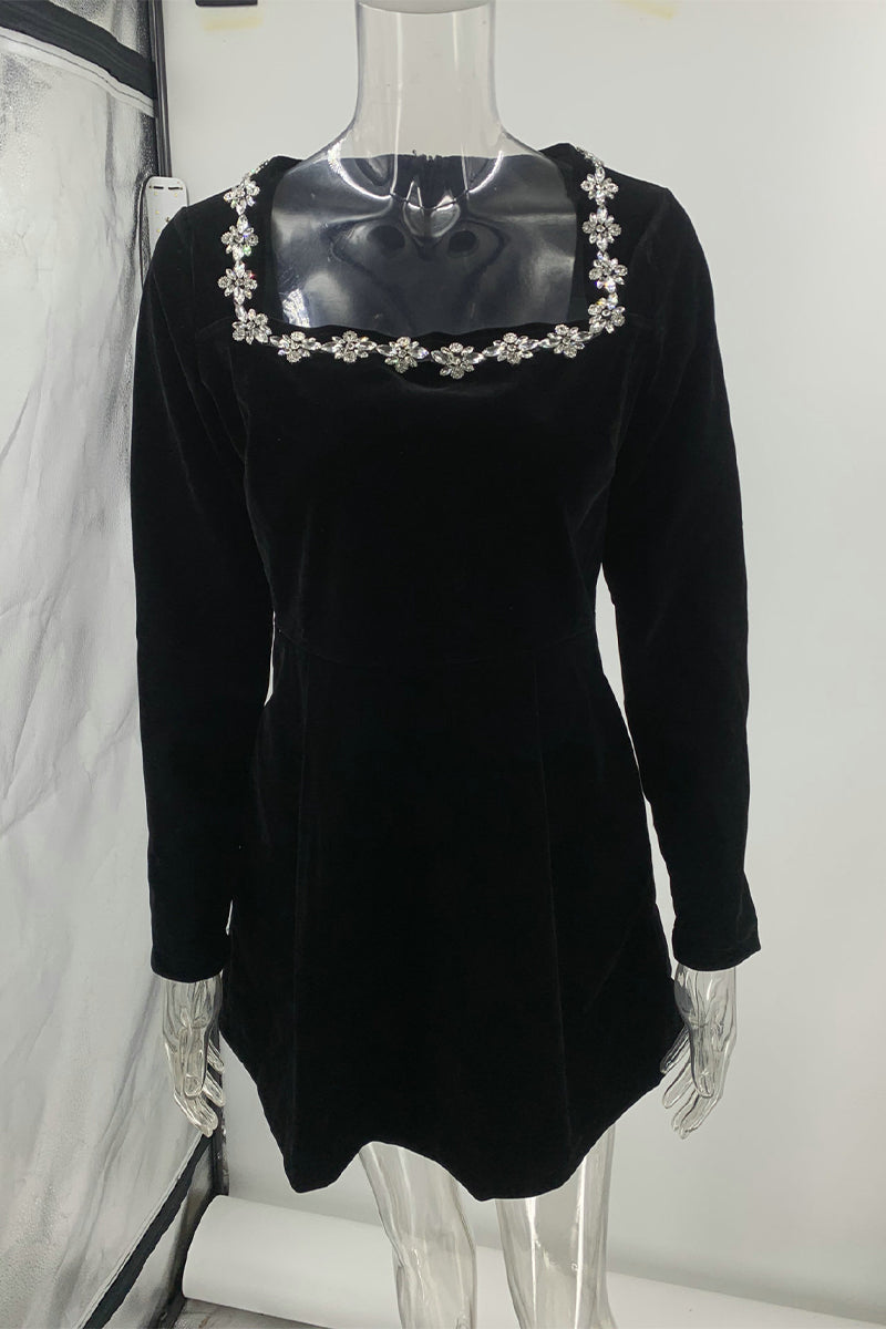 LUCILLA - SOPHISTICATED SQUARE NECK RHINESTONE DRESS