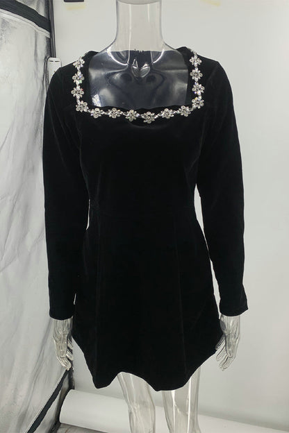 LUCILLA - SOPHISTICATED SQUARE NECK RHINESTONE DRESS