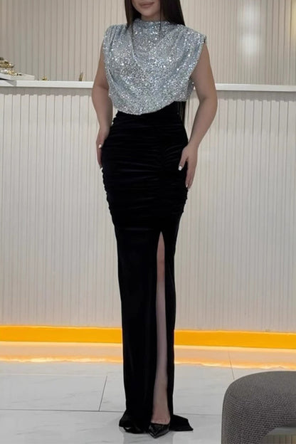 CATE - GLAMOROUS SEQUIN SLIT DRESS WITH HALF TURTLENECK