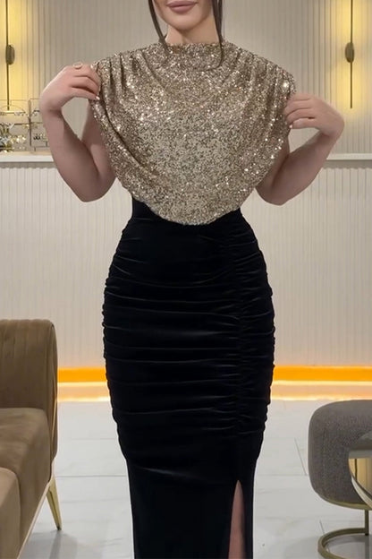 CATE - GLAMOROUS SEQUIN SLIT DRESS WITH HALF TURTLENECK