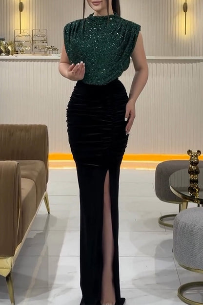 CATE - GLAMOROUS SEQUIN SLIT DRESS WITH HALF TURTLENECK