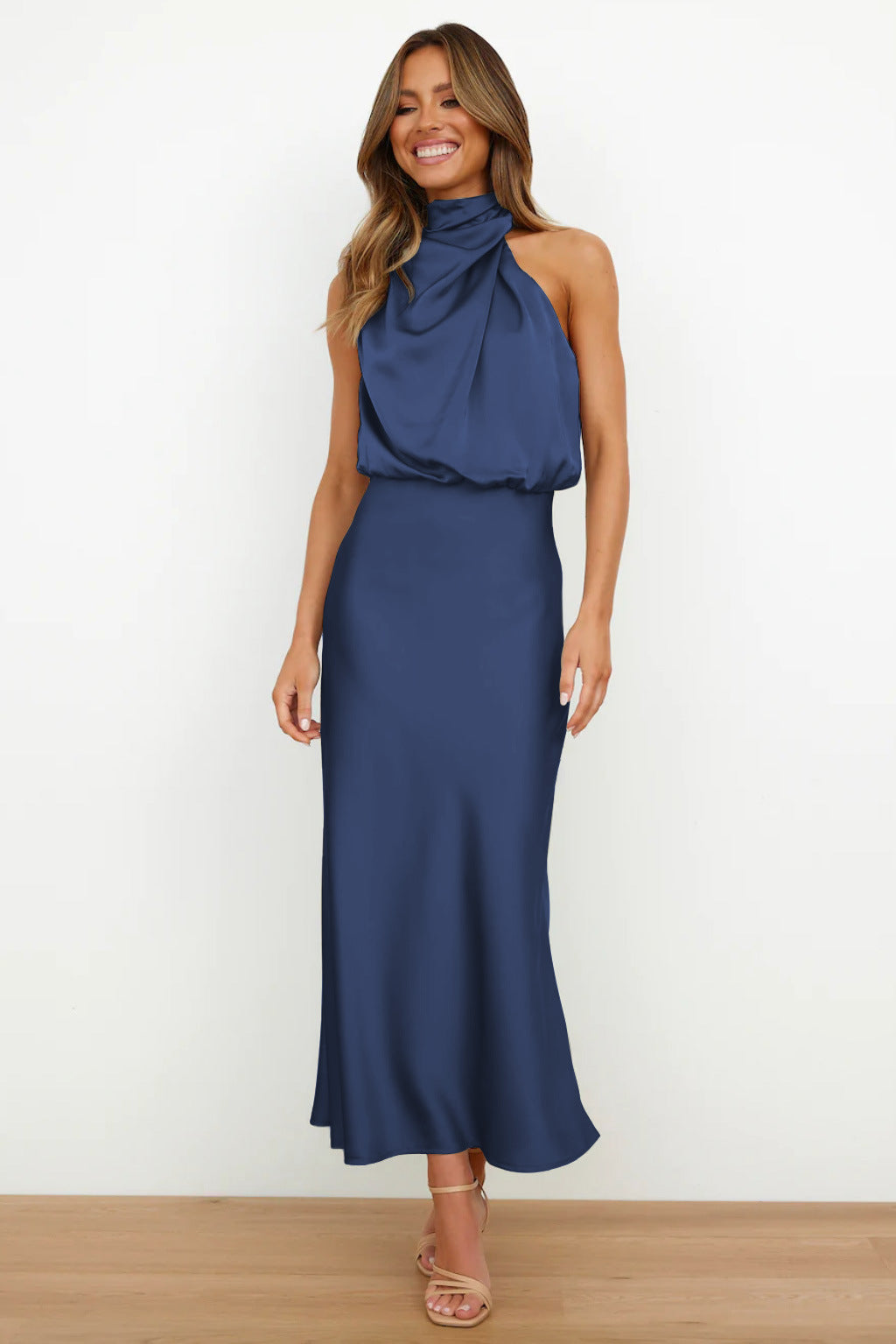 VENUS - SATIN HALTER MIDI DRESS
