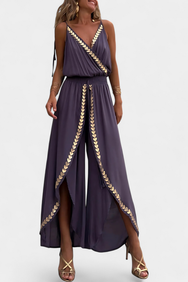 DONELLA - ELEGANT EMBROIDERED V-NECK WIDE-LEG JUMPSUIT