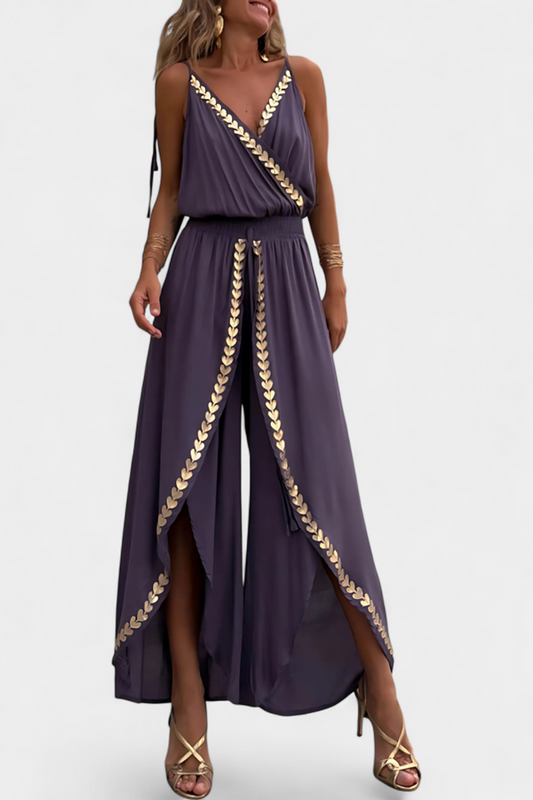 DONELLA - ELEGANT EMBROIDERED V-NECK WIDE-LEG JUMPSUIT