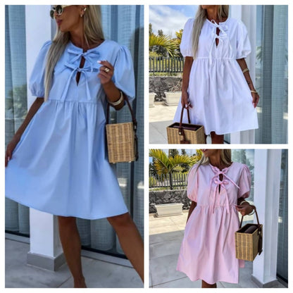 MISAKI - CHIC PUFF SLEEVE BOW TIE DRESS