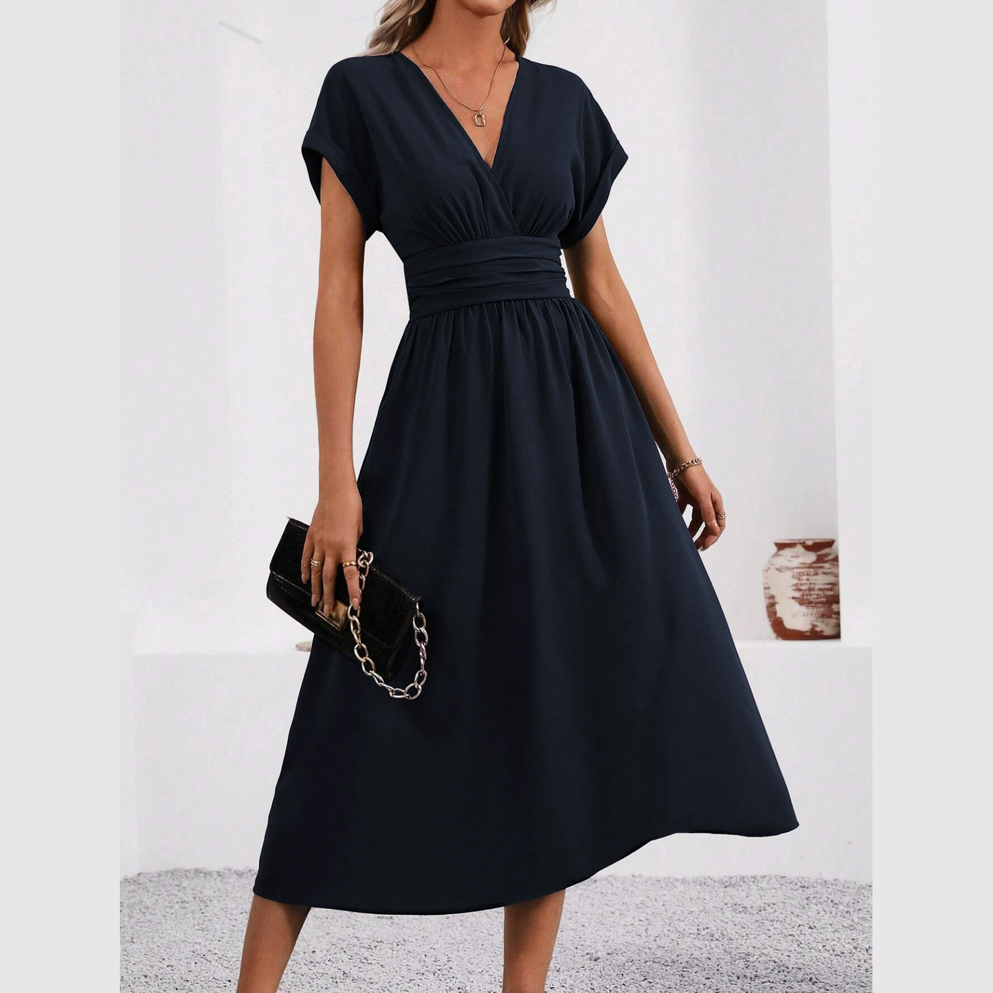 SHAYLA - DEEP V-NECK WAISTED DRESS