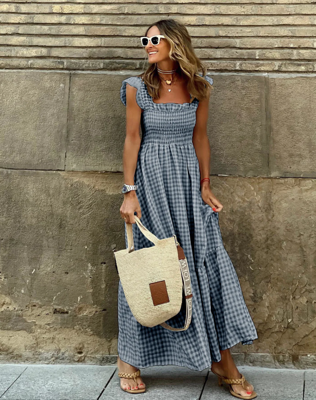 JULIEVEGA - LONG DRESS WITH RUFFLED SLEEVES AND CHECKS