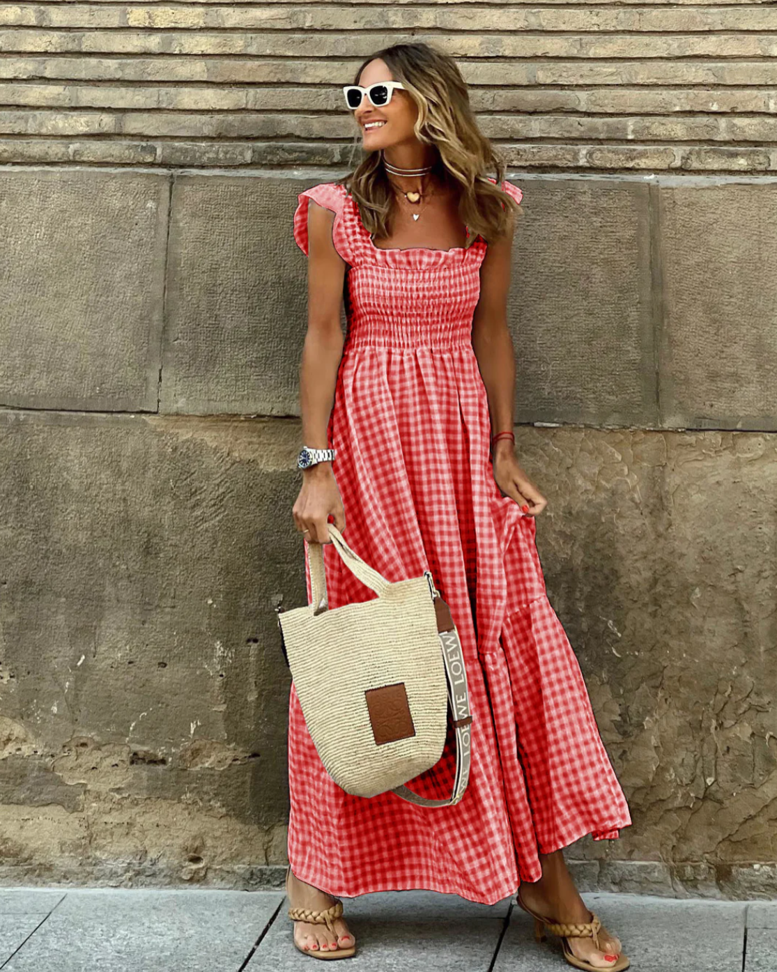 JULIEVEGA - LONG DRESS WITH RUFFLED SLEEVES AND CHECKS