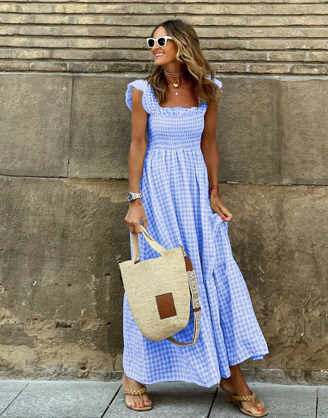 JULIEVEGA - LONG DRESS WITH RUFFLED SLEEVES AND CHECKS