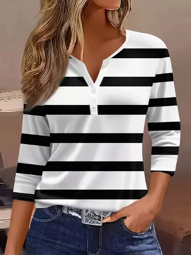 EIRAH - ESSENTIAL V-NECK STRIPED PRINT BLOUSE