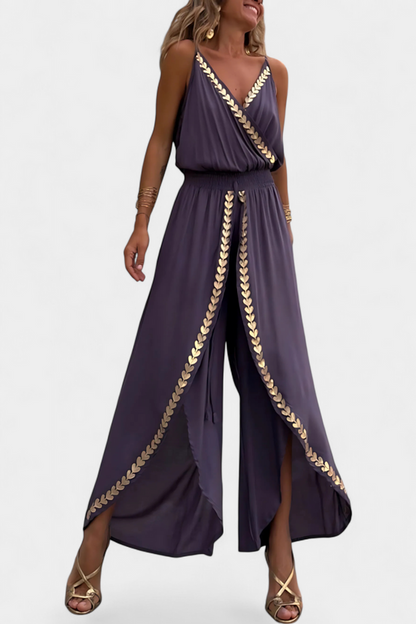 DONELLA - ELEGANT EMBROIDERED V-NECK WIDE-LEG JUMPSUIT