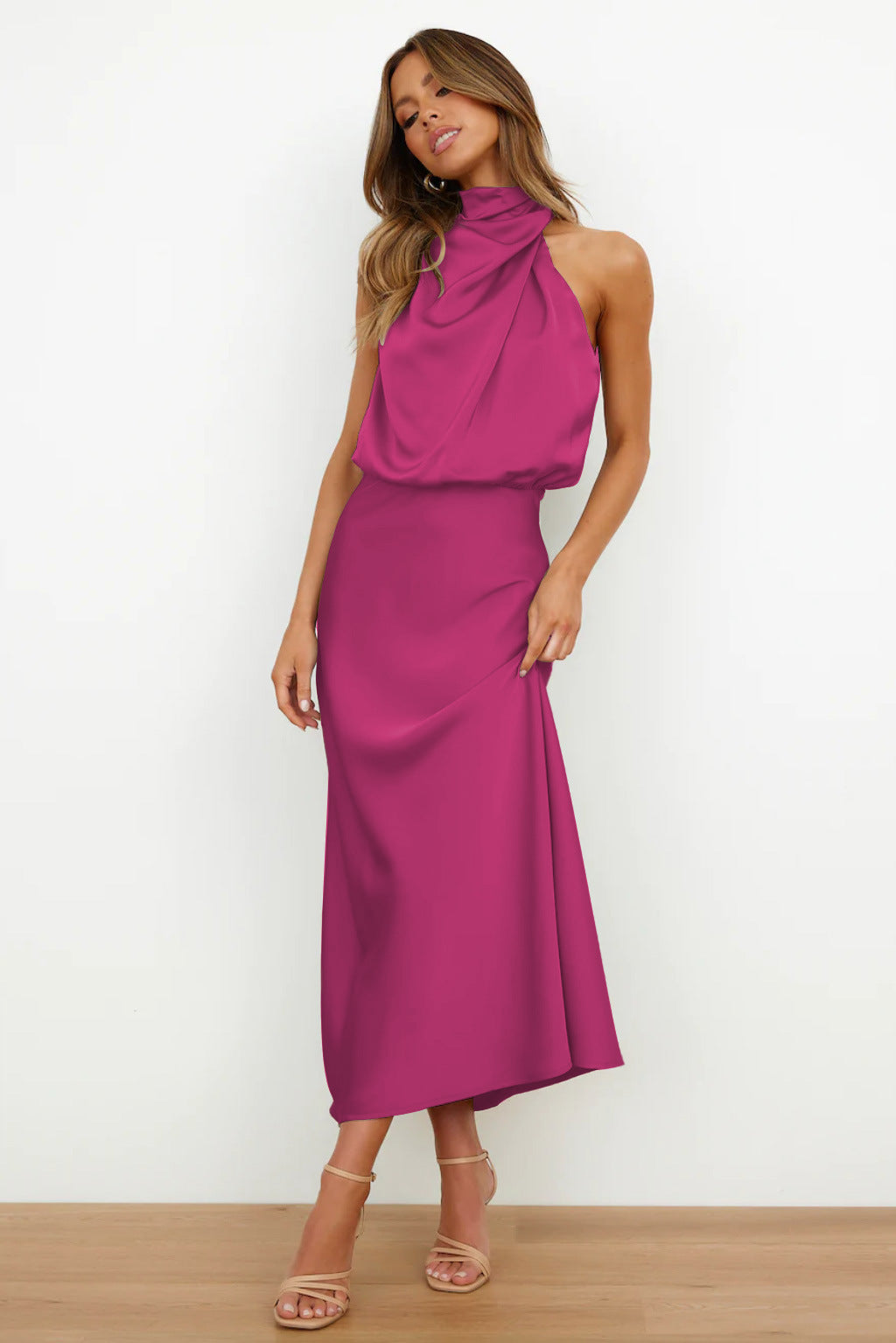 VENUS - SATIN HALTER MIDI DRESS