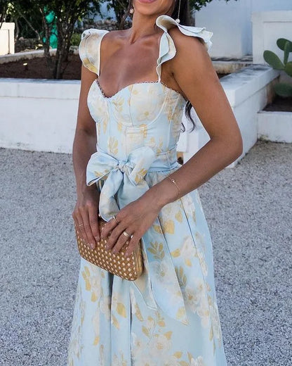 BRUNA - BUTTERFLY SLEEVE TIE WAIST PRINT DRESS