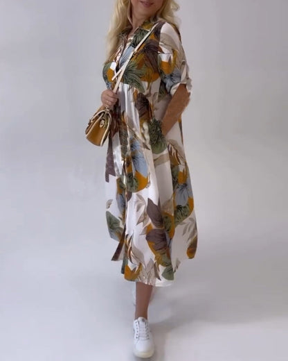 JOPLIN - LEAF PRINT CASUAL DRESS WITH LAPEL COLLAR