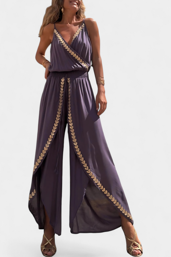 DONELLA - ELEGANT EMBROIDERED V-NECK WIDE-LEG JUMPSUIT