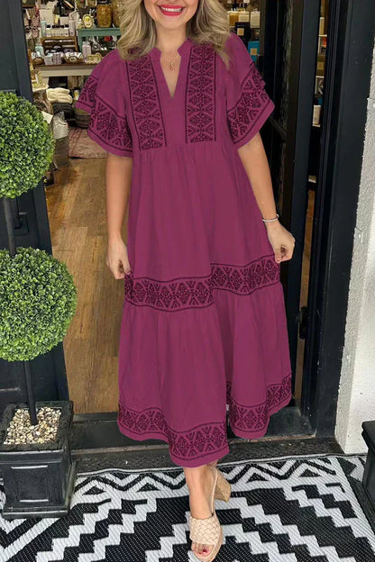 ESTELLA - GEOMETRIC PATCHWORK V-NECK A-LINE DRESS