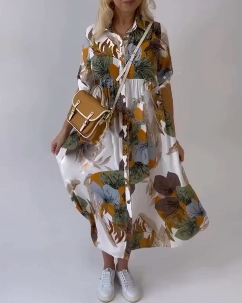 JOPLIN - LEAF PRINT CASUAL DRESS WITH LAPEL COLLAR