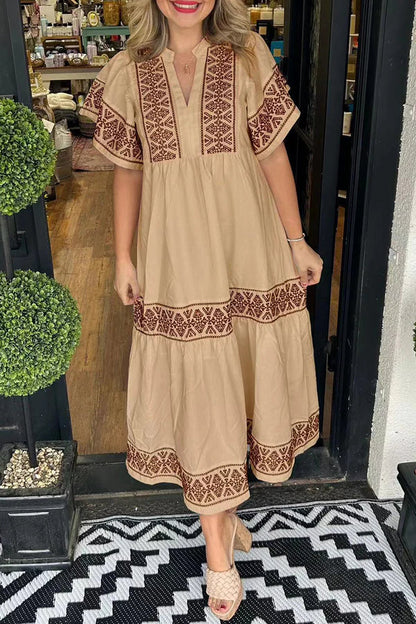 ESTELLA - GEOMETRIC PATCHWORK V-NECK A-LINE DRESS