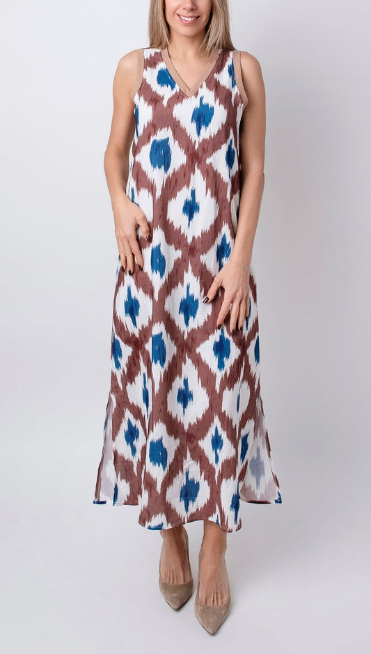BEXLEY - GEOMETRIC PATCHWORK V-NECK STRAP DRESS