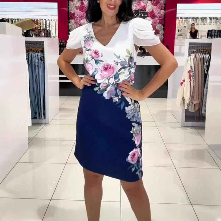 SHIR - IRREGULAR ROSE PRINT V-NECK DRESS