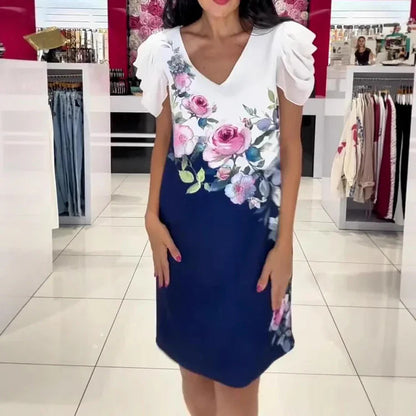 SHIR - IRREGULAR ROSE PRINT V-NECK DRESS