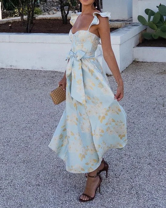 BRUNA - BUTTERFLY SLEEVE TIE WAIST PRINT DRESS