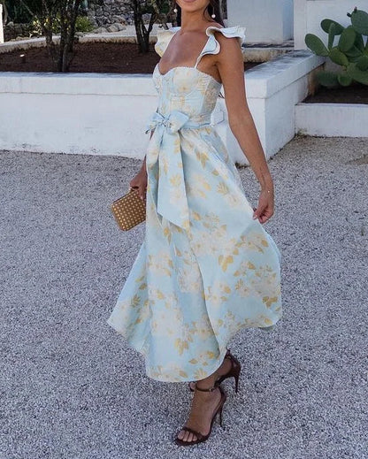 BRUNA - BUTTERFLY SLEEVE TIE WAIST PRINT DRESS