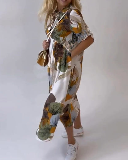 JOPLIN - LEAF PRINT CASUAL DRESS WITH LAPEL COLLAR