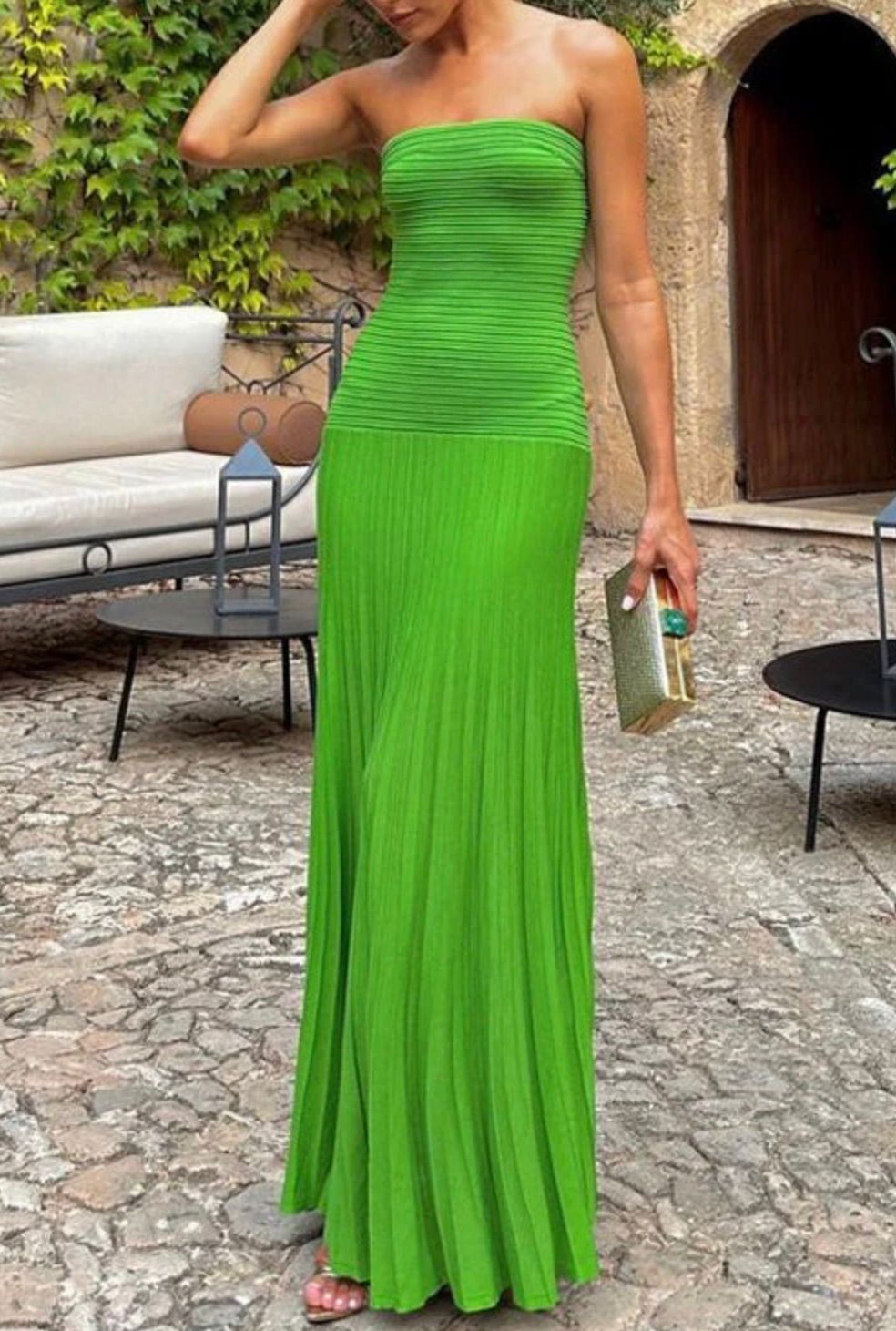 DESIREE - EMERALD STRAPLESS PLEATED KNIT MAXI DRESS