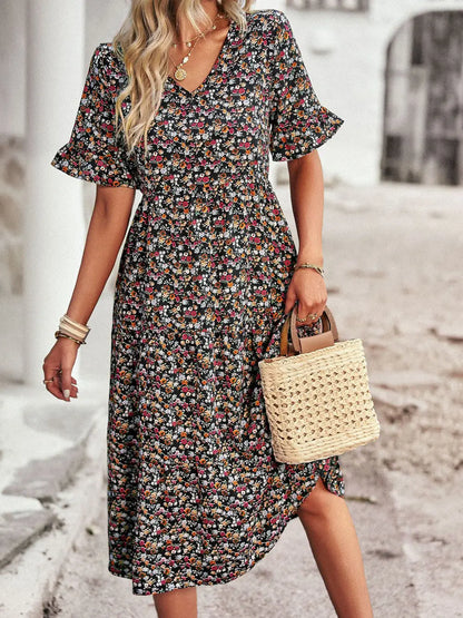 PAULA - CLASSY V NECK FLORAL DRESS