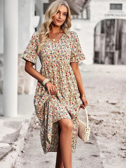 PAULA - CLASSY V NECK FLORAL DRESS
