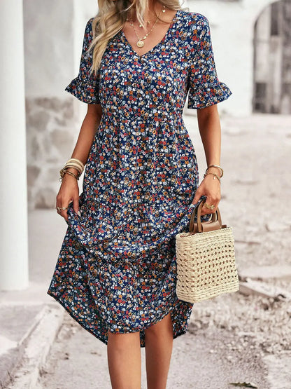 PAULA - CLASSY V NECK FLORAL DRESS