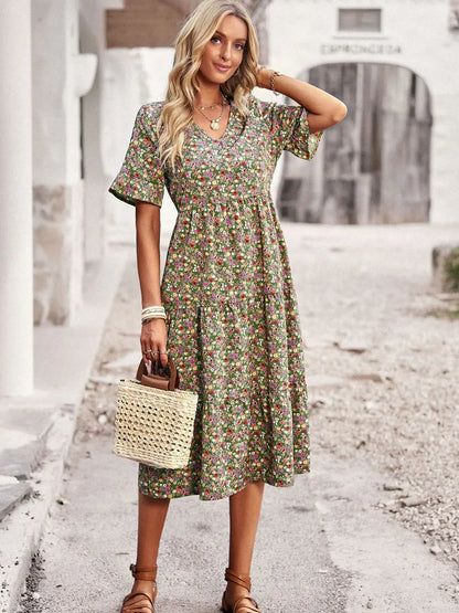 PAULA - CLASSY V NECK FLORAL DRESS