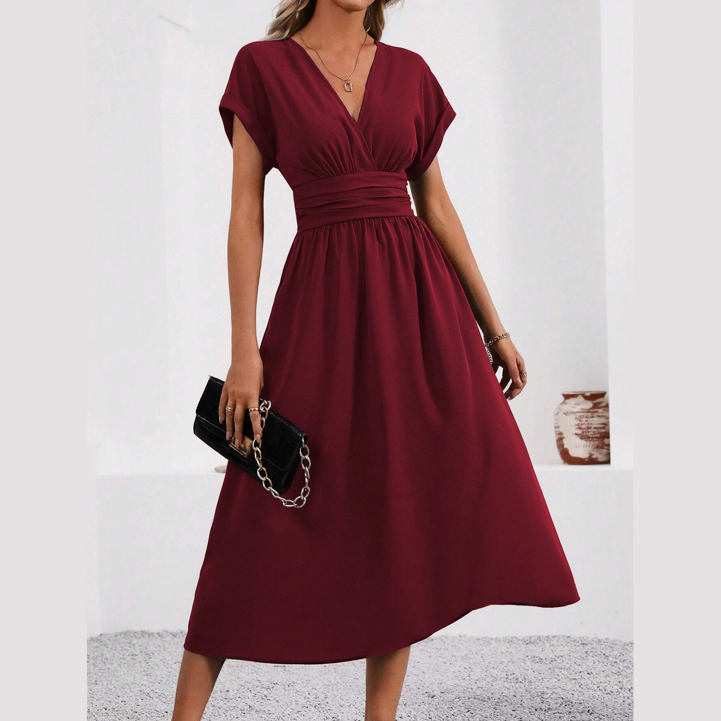 SHAYLA - DEEP V-NECK WAISTED DRESS