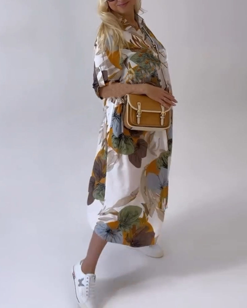 JOPLIN - LEAF PRINT CASUAL DRESS WITH LAPEL COLLAR
