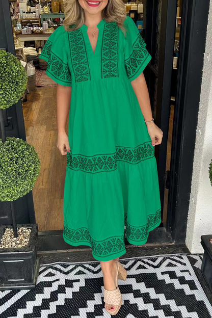 ESTELLA - GEOMETRIC PATCHWORK V-NECK A-LINE DRESS