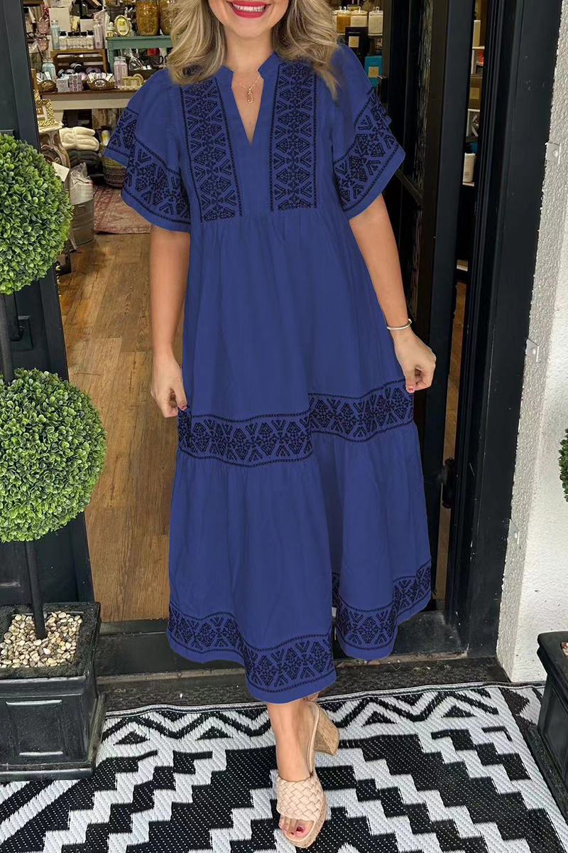 ESTELLA - GEOMETRIC PATCHWORK V-NECK A-LINE DRESS