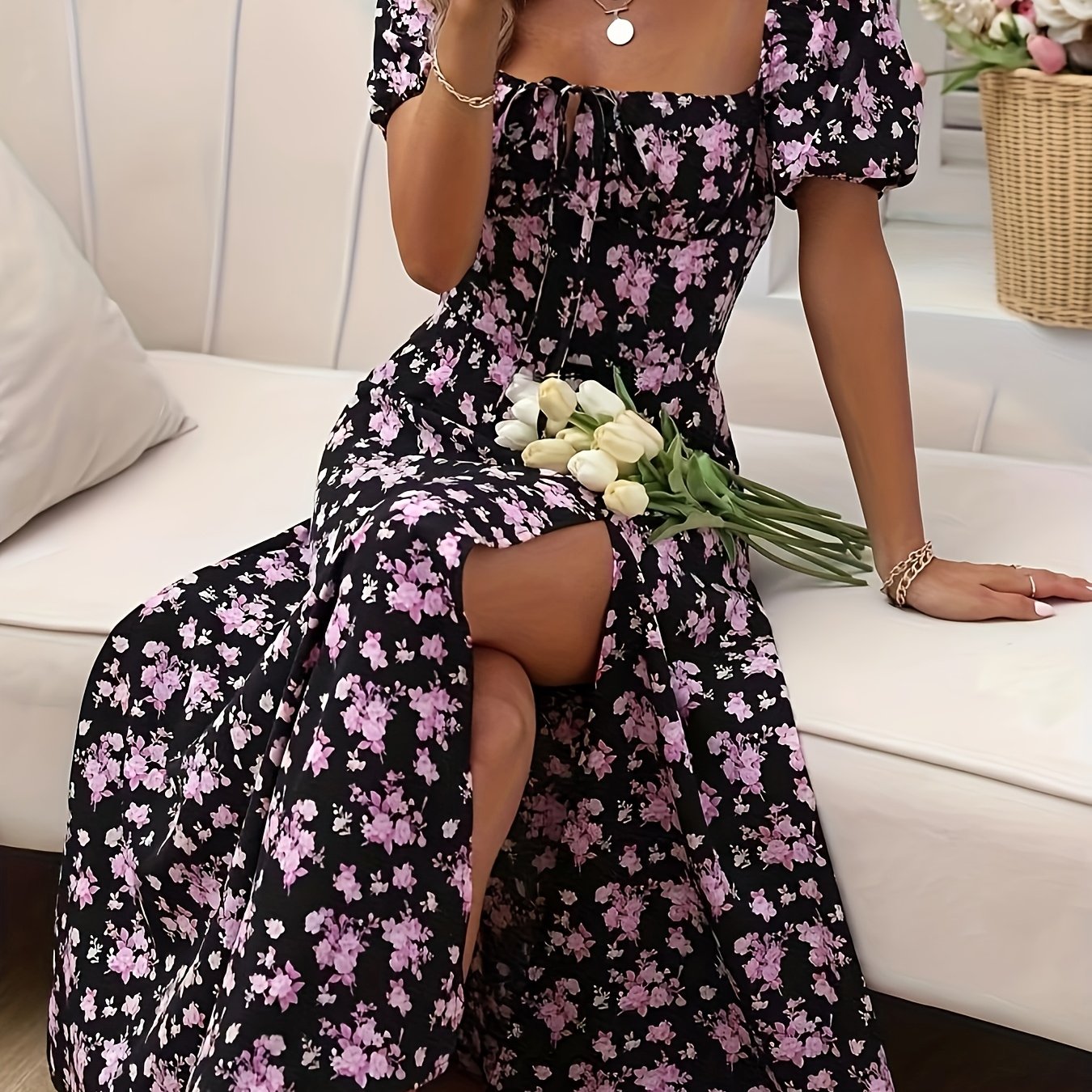 Arce- Elegant Floral Puff Sleeve Dress