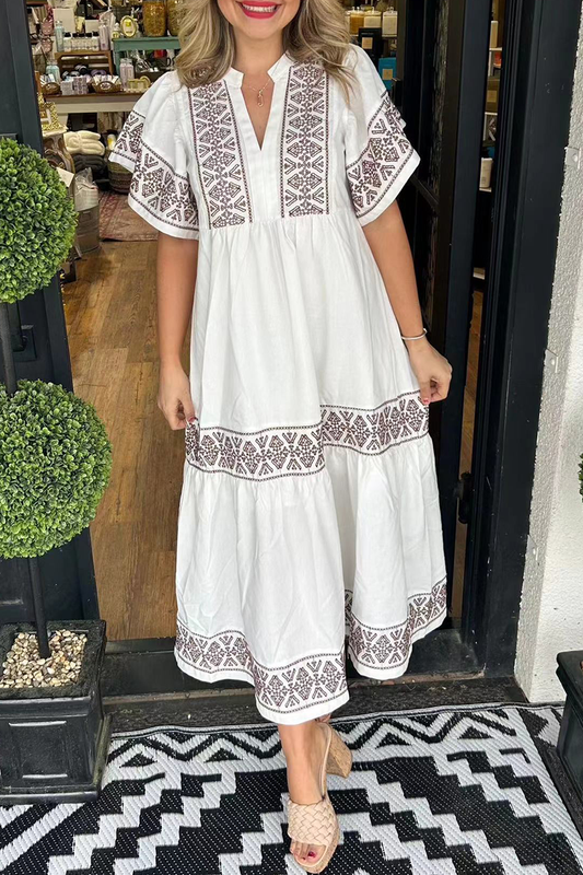 ESTELLA - GEOMETRIC PATCHWORK V-NECK A-LINE DRESS