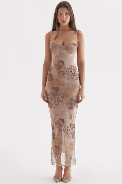 INDIGO - LEOPARD PRINT SLIM STRAP MIDI DRESS