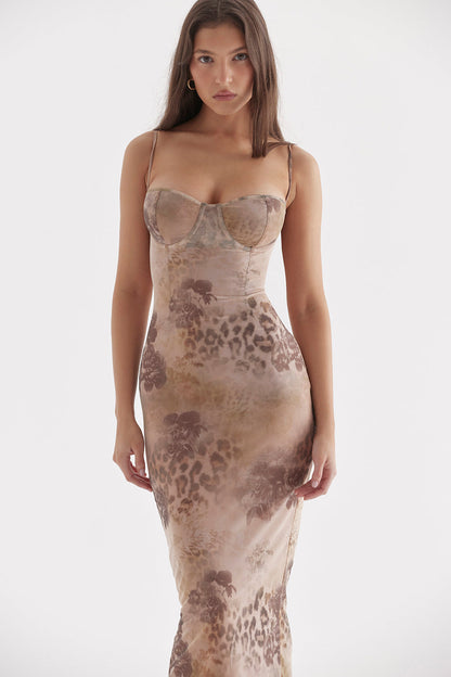 INDIGO - LEOPARD PRINT SLIM STRAP MIDI DRESS