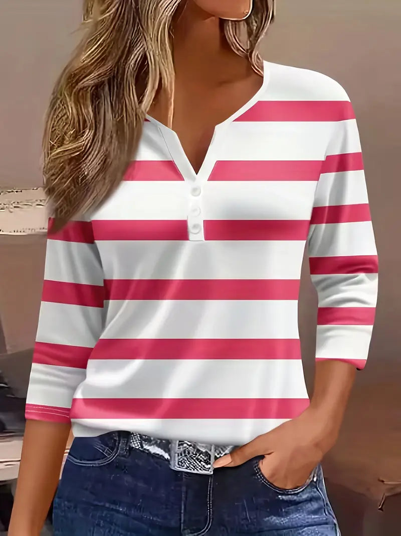 EIRAH - ESSENTIAL V-NECK STRIPED PRINT BLOUSE